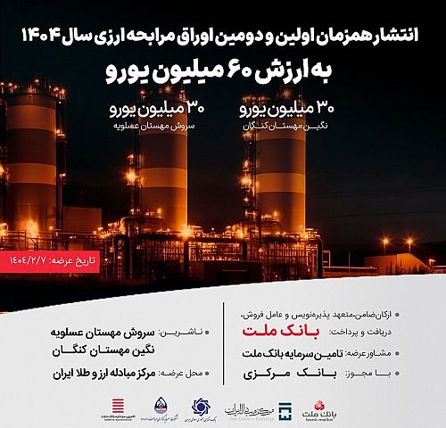 انتشار ۶۰ میلیون یورو اوراق مرابحه ارزی بانک ملت برای 2 پروژه بزرگ پتروشیمی