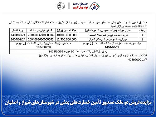 مزایده فروش دو ملک صندوق تأمین خسارت‌های بدنی در شهرستان‌های اصفهان و شیراز