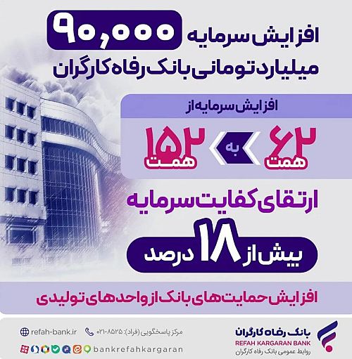  افزایش سرمایه بانک رفاه کارگران؛ گسترش نقش‌آفرینی در اقتصاد ملی و جهش حمایت‌ها از تولید ملی و اشتغالزایی