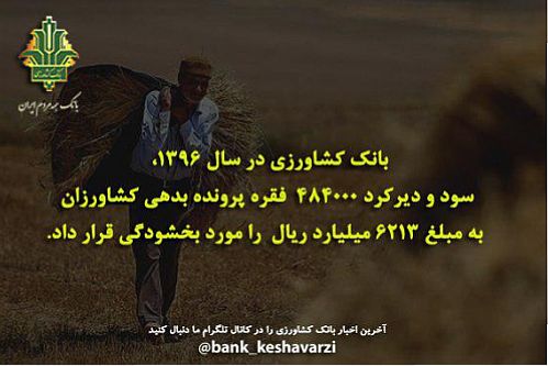 بخشودگی سود و دیرکرد 484000 فقره پرونده بدهی کشاورزان در سال96 توسط بانک کشاورزی